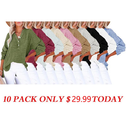 🔥Womens Casual Gauze Button Neck Long Sleeve Oversized BlousesTops
