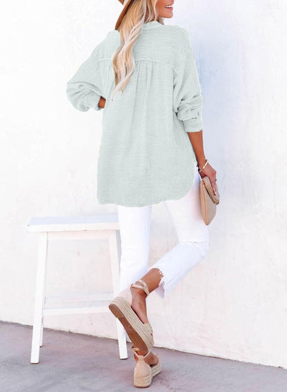 🔥Womens Casual Gauze Button Neck Long Sleeve Oversized BlousesTops