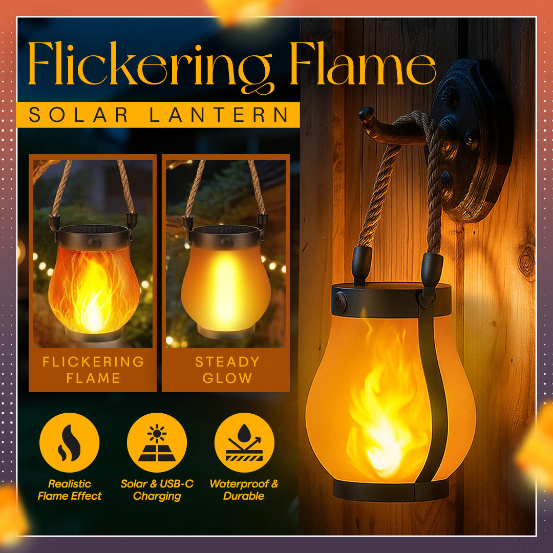 Flickering Flame Solar Lantern – Realistic Dancing Glow, Auto On/Off, Solar & USB-C, Waterproof