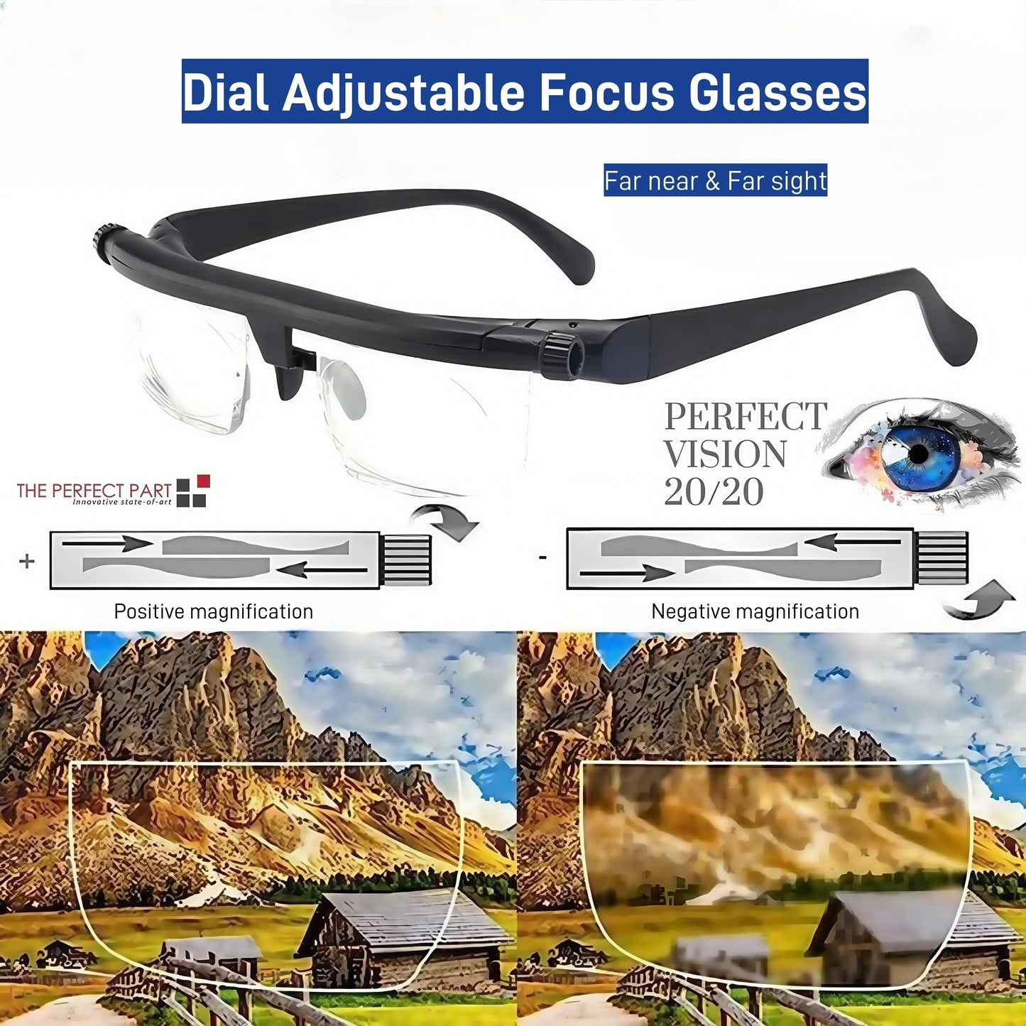Dial Adjustable Focus Glasses – -6.0 to +3.0 Diopter Range